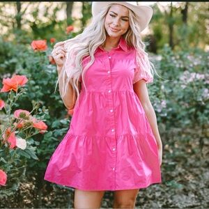 Juliana's Pink Sequin Puff Sleeve Babydoll Mini Dress Small Tiered Vacation